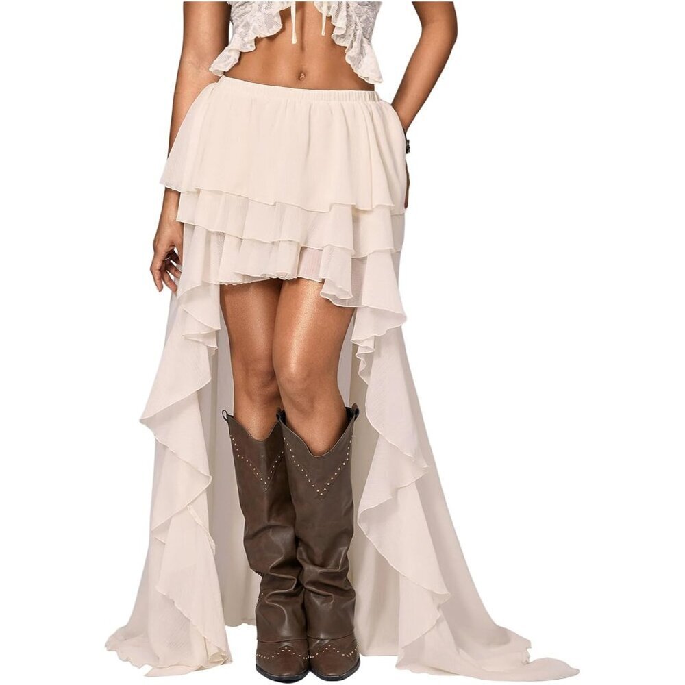 Women's Apricot Boho Layered Ruffle Chiffon Maxi Western Asymmetrical Skirts